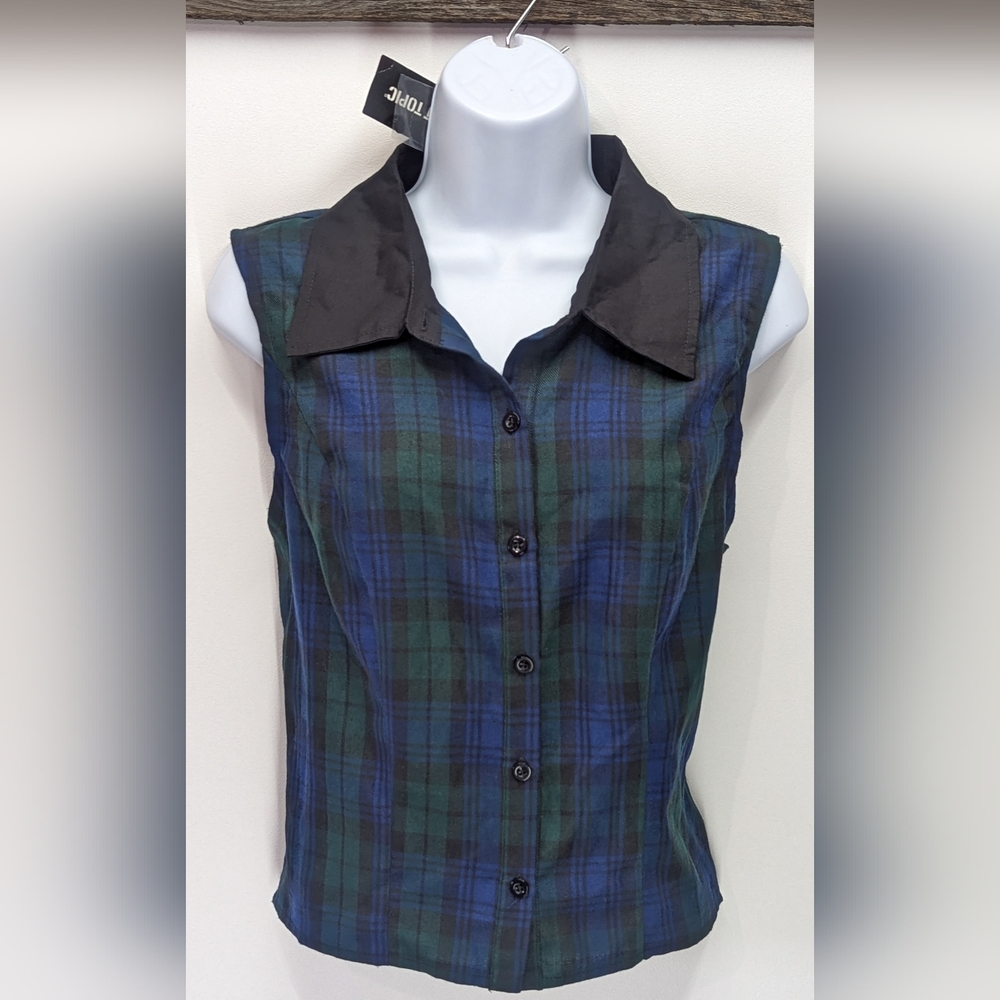 NWT Hot Topic Y2K Style Blue and Green Plaid Button Up Vest Women's Size XL